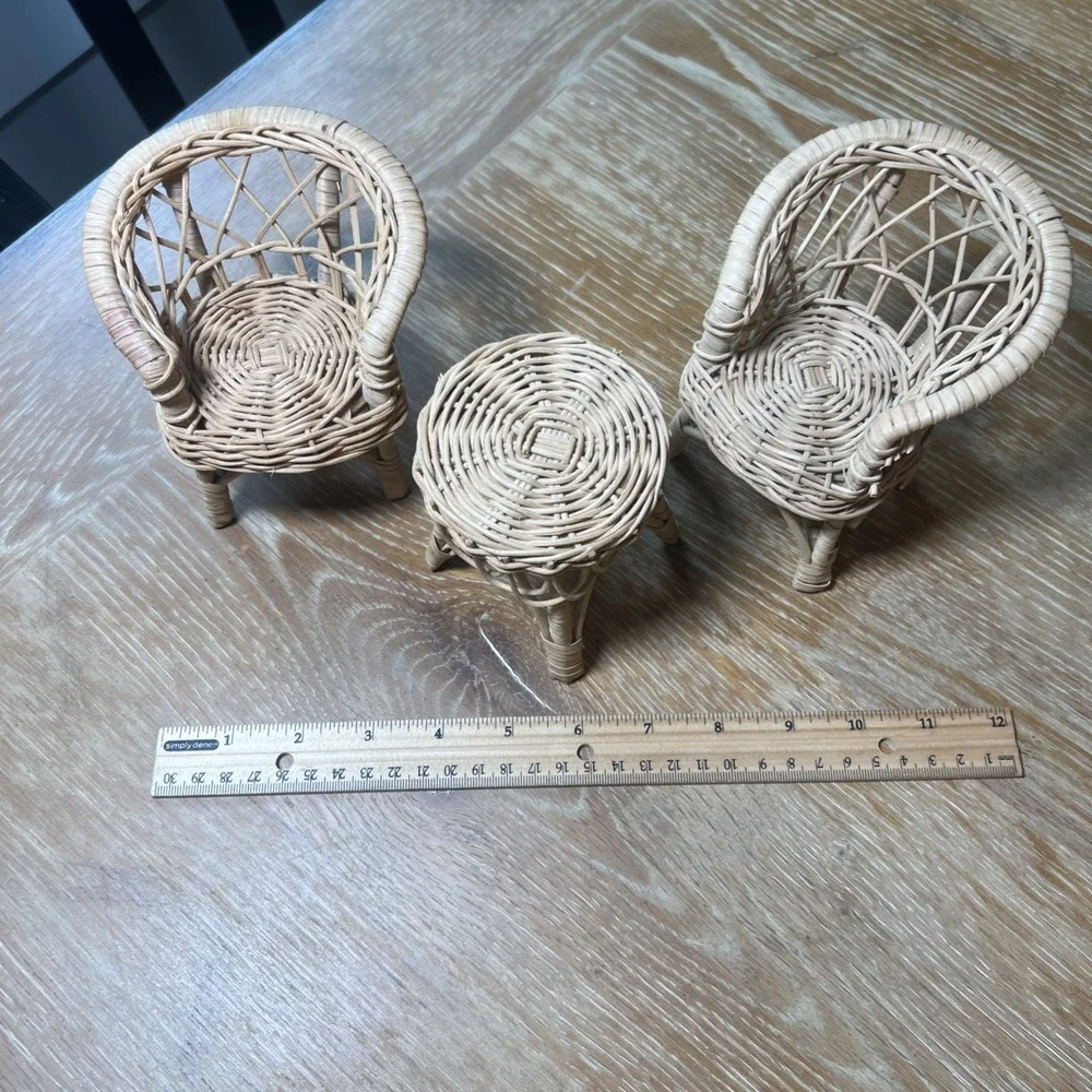 Vintage Set Wicker Rattan Patio Dollhouse Furniture: 2 Chairs & Table